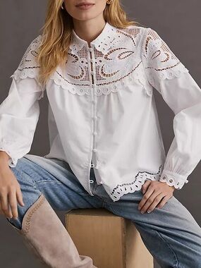 Anthropologie Embroidered Lace Buttondown Shirt L Large